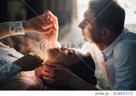 romantic and gentle morning of men and women. beautiful and sexy clothes 81663273