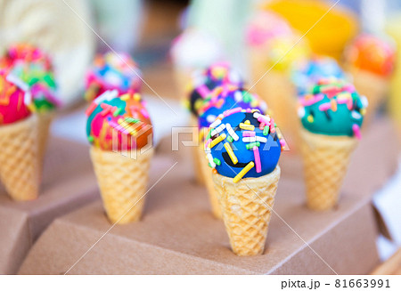 close up of yummy and colorful mini ice cream on waffle cone as a snack wit h pastel concept and signature 81663991