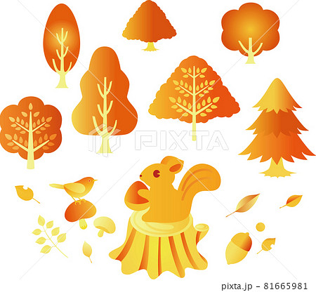 秋 森 木 枯葉 落ち葉 りす 小鳥 アイコン かわいい おしゃれ シンプル イラスト素材セットのイラスト素材