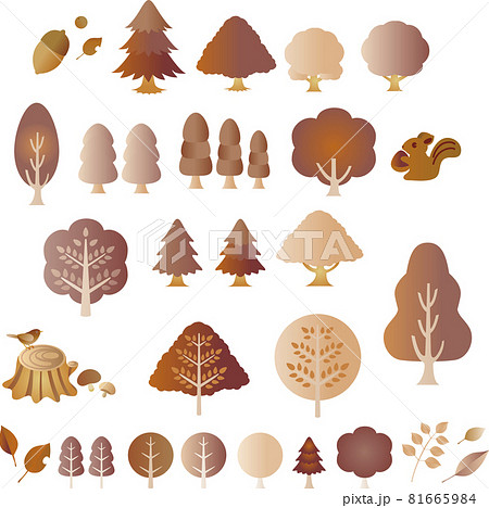 秋 森 木 枯葉 落ち葉 りす 小鳥 アイコン かわいい おしゃれ シンプル イラスト素材セットのイラスト素材