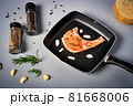 Raw pork steak on cast iron skillet 81668006