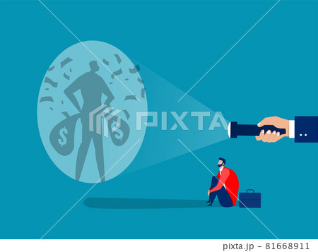 businessman looking guideline at targets for shooting his shadow rich under money rain success concept vector. 81668911