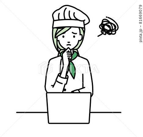 デスクで座ってPCを開いて困っている調理師の女性 81669079