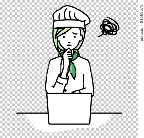 デスクで座ってPCを開いて困っている調理師の女性 81669079