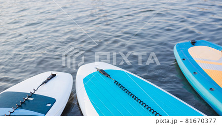 Surf boards on blue clean water surface background. Surfing and SUP boarding equipment in sunset lights close-up. Outdoor water sports. Surfing lifestyle concept. Surf boards on blue clean water surface background. Surfing and SUP boarding equipment in sunset lights close-up. Outdoor water sports. Surfing lifestyle concept. 81670377