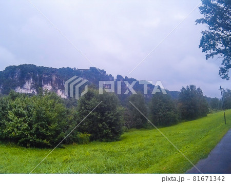 Germany, Bastei: View from viewpoint of Bastei in Saxon Switzerland, to Elbe river and Kurort Rathen, Germany, Bastei: View from viewpoint of Bastei in Saxon Switzerland, to Elbe river and Kurort Rathen, 81671342