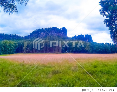 Germany, Bastei: View from viewpoint of Bastei in Saxon Switzerland, to Elbe river and Kurort Rathen, Germany, Bastei: View from viewpoint of Bastei in Saxon Switzerland, to Elbe river and Kurort Rathen, 81671343