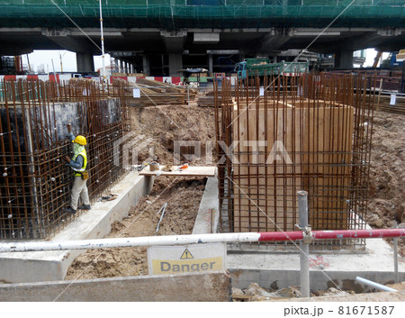 JOHOR, MALAYSIA -DECEMBER 9, 2015: Pile cap reinforcement bar fabricated by construction workers at the construction site in Johor, Malaysia. 81671587