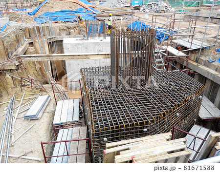 JOHOR, MALAYSIA -DECEMBER 9, 2015: Pile cap reinforcement bar fabricated by construction workers at the construction site in Johor, Malaysia. 81671588