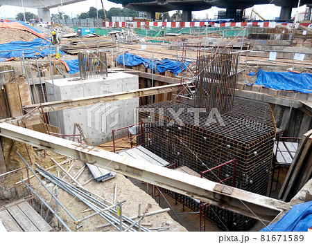 JOHOR, MALAYSIA -DECEMBER 9, 2015: Pile cap reinforcement bar fabricated by construction workers at the construction site in Johor, Malaysia. 81671589