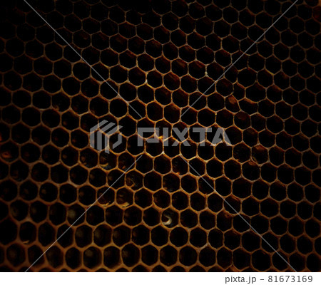 Dark Hexagonal textured honeycomb background close-up. Black broun yellow background. Agricultural concept 81673169