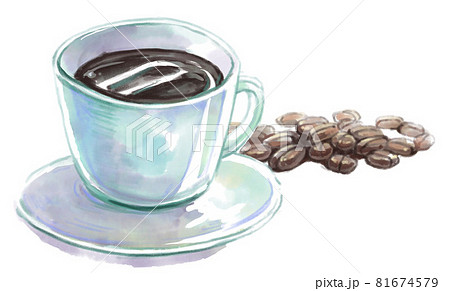 コーヒーカップとコーヒー豆の水彩イラスト 81674579