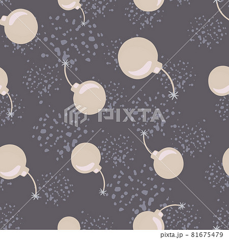 Random beige bombs shapes seamless doodle pattern. Grey background with splashes. Simple style. 81675479