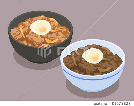 温泉卵の乗った牛丼と豚丼のベクターイラスト素材のイラスト素材