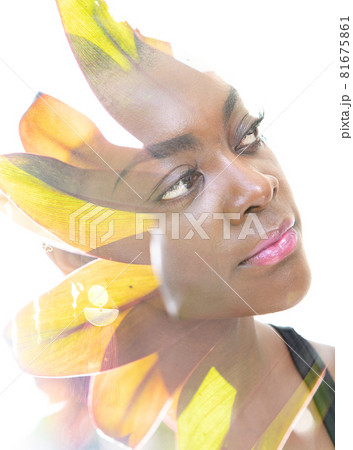 Vibrant double exposure portrait of young African American woman 81675861