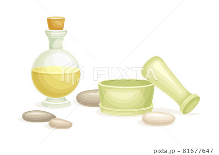 Spa and Aromatherapy with Essential Oil in Jar and Mortar with Pestle Vector Composition 81677647