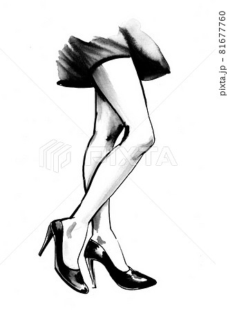 Pretty female legs in high heel shoes. Ink black and white drawing 81677760