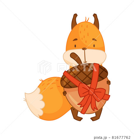 Funny Orange Squirrel Character with Bushy Tail Holding Acorn Tied with Ribbon and Bow Vector Illustration 81677762