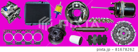 Auto spare parts car on the purple background. Set with many isolated items for shop or aftermarket.	 81678262