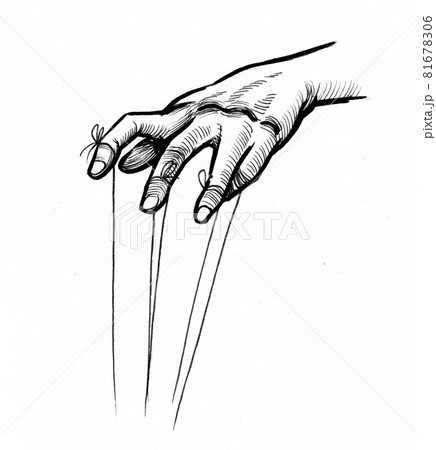 Puppeteer hands with attached strings. Ink black and white drawing 81678306