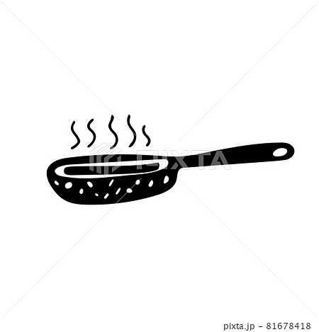 Black and white illustration of a skillet, kitchen ware, utensils. Doodle vector design for web and print.  81678418