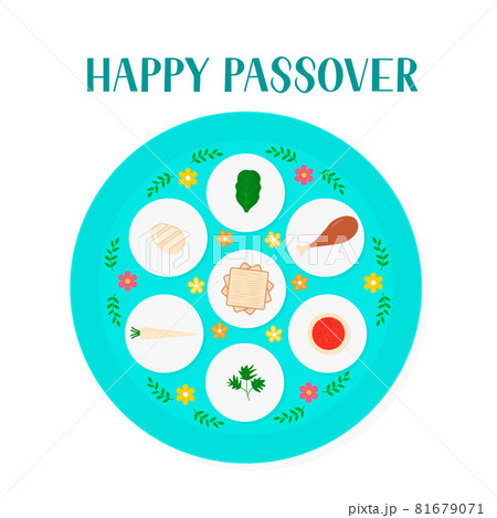 Passover ceder plate with traditional food isolated on white. Jewish holiday Easter. Easy to edit vector template for poster, greeting card, banner, invitation, postcard, flyer, sticker, etc. Passover ceder plate with traditional food isolated on white. Jewish holiday Easter. Easy to edit vector template for poster, greeting card, banner, invitation, postcard, flyer, sticker, etc. 81679071
