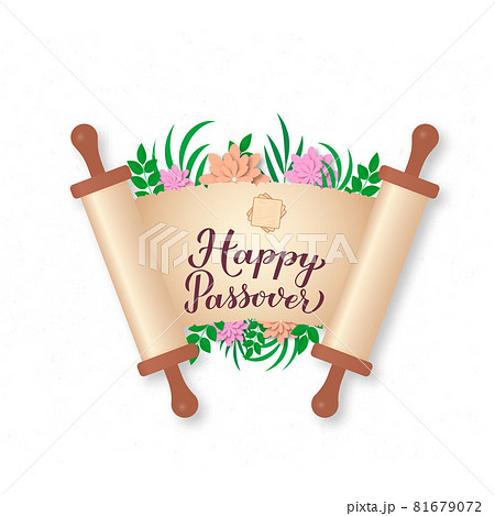 Happy Passover calligraphy hand lettering on old scroll paper. Jewish holiday Easter. Easy to edit vector template for typography poster, greeting card, banner, invitation, postcard, flyer, sticker. 81679072