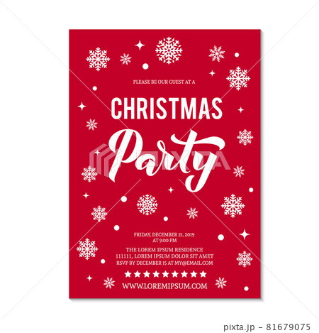 Christmas Party invitation with lettering and white snowflakes and dots on red background. Winter holidays celebration invite. Easy to edit vector template. Christmas Party invitation with lettering and white snowflakes and dots on red background. Winter holidays celebration invite. Easy to edit vector template. 81679075