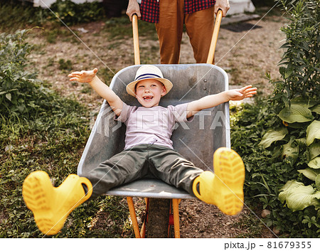 cheerful child boy laughs in a garden wheelbarrow in the summer 81679355