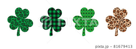 Set of 4 Shamrock or clover leaves made of Leopard print, buffalo plaid, arabesque tile. Saint Patricks Day symbol. Vector template for St. Patrick s Day banner, poster, flyer, sticker, postcard 81679413