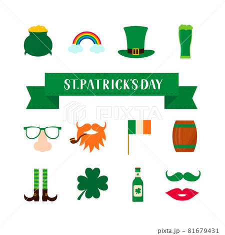 St. Patricks day symbol icons and photo booth props set green hat, shamrock, treasure of leprechaun, mustache, beard, pipe, pot, etc. Vector element of design for greeting card, banner, sticker 81679431