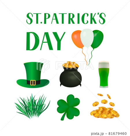 St. Patrick s day traditional symbols Leprechaun s hat, leaf of shamrock, pot of treasure, gold coins, glass of beer. Vector elements for Saint Patricks day greeting card, banner, poster, flyer, etc. 81679460