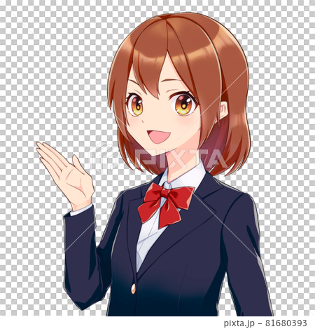 こちらのポーズで微笑んでいるブレザーの女子学生のイラスト素材