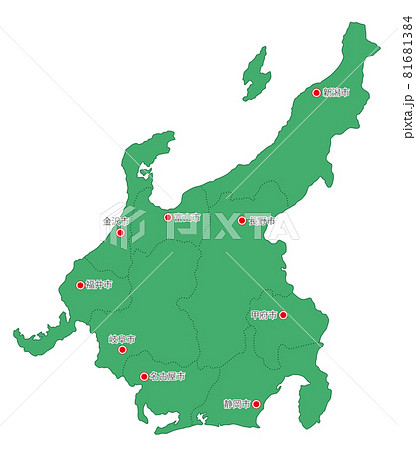 日本地方区分 中部 県庁所在地入り Grのイラスト素材