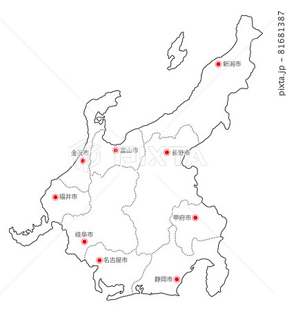 日本地方区分 中部 県庁所在地入り Whのイラスト素材