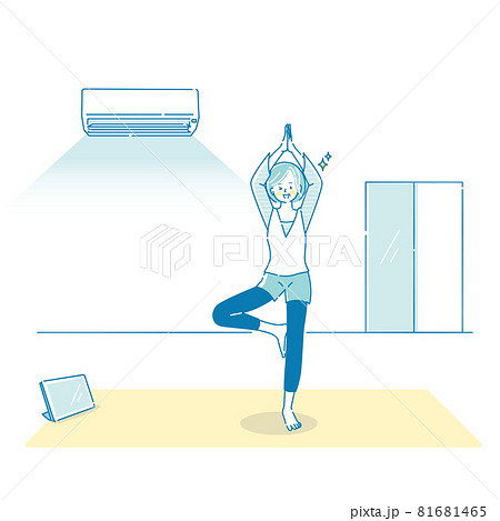 自宅でタブレットを見ながらヨガをするミドル女性のイラスト 81681465