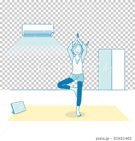 自宅でタブレットを見ながらヨガをするミドル女性のイラスト 81681465