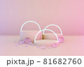 Pastel pink minimal three 3d background with neon effect. Poster design with studio podium platform, glass balls and glowing spheres. Abstract 3d render. Minimal stage for business concept. 81682760