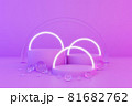 Pastel violet minimal three 3d background with neon effect. Poster design with studio podium platform, glass balls and glowing spheres. Abstract 3d render.  81682762
