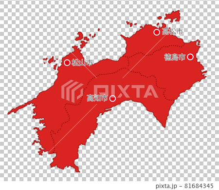 日本地方区分 四国 県庁所在地入り のイラスト素材