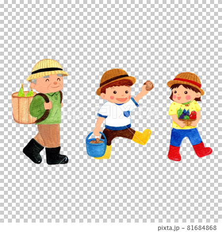 野菜の収穫をする子供とおじいさんの水彩手描きイラスト 野菜の収穫をする子供とおじいさんの水彩手描きイラスト 81684868