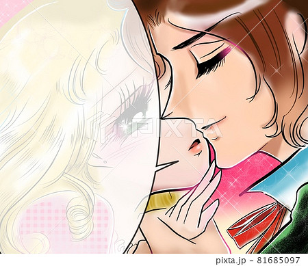 70年代少女漫画王子様に手を握られキスされるかわいい女の子のイラスト素材