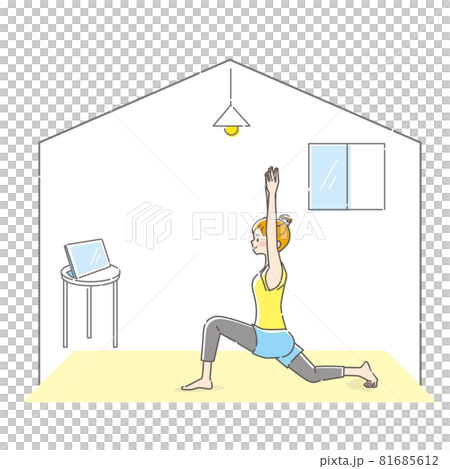 Illustration of a young woman doing yoga while looking at a tablet at home 81685612