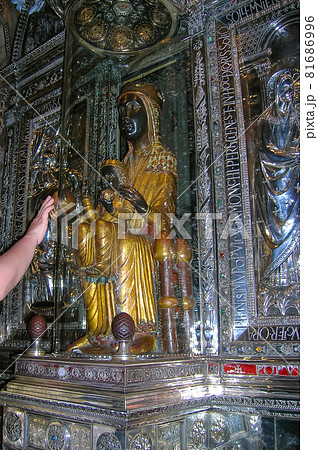 12th century statue of Black Madonna of Montserrat in cathedral of Montserrat Monastery. 12th century statue of Black Madonna of Montserrat in cathedral of Montserrat Monastery. 81686996
