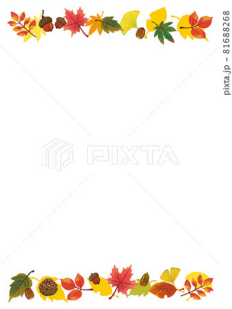 手描き風で絵本ぽいタッチのたくさんの落ち葉のフレーム 縦 のイラスト素材