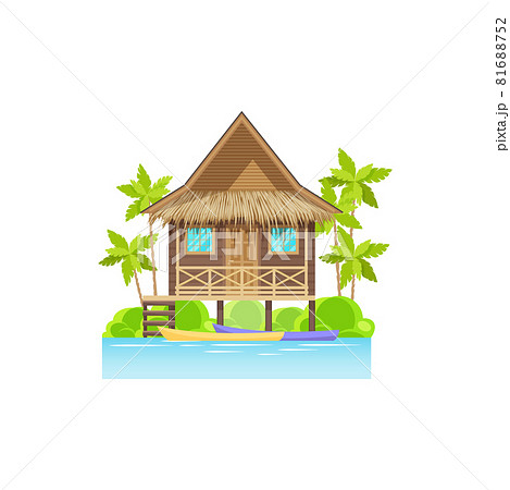 Bungalow wooden house on water with palm trees 81688752