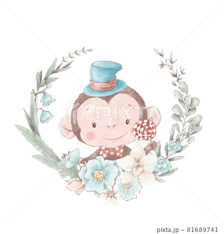 Set of cute cartoon monkey wearing glasses. Watercolor illustration Set of cute cartoon monkey wearing glasses. Watercolor illustration 81689741