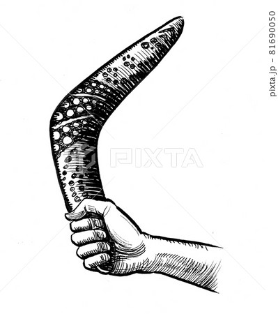 Hand with boomerang. Ink black and white drawing Hand with boomerang. Ink black and white drawing 81690050