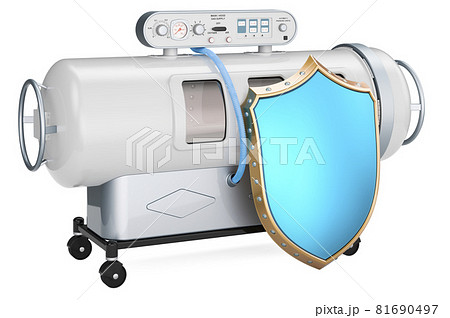 Hyperbaric chamber with shield, 3D rendering 81690497