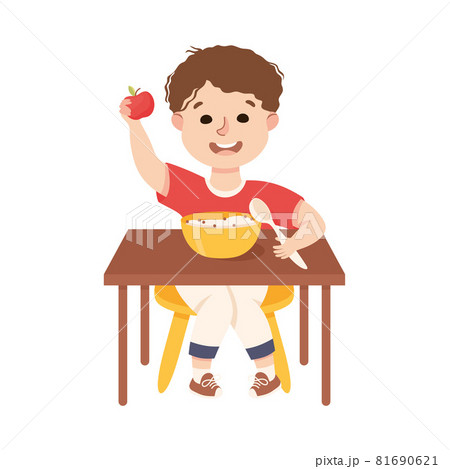 Little Boy at Kitchen Table Eating Porridge for Breakfast Engaged in Daily Activity and Everyday Routine Vector Illustration 81690621
